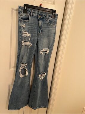 American Eagle super hi-rise flare distressed jeans